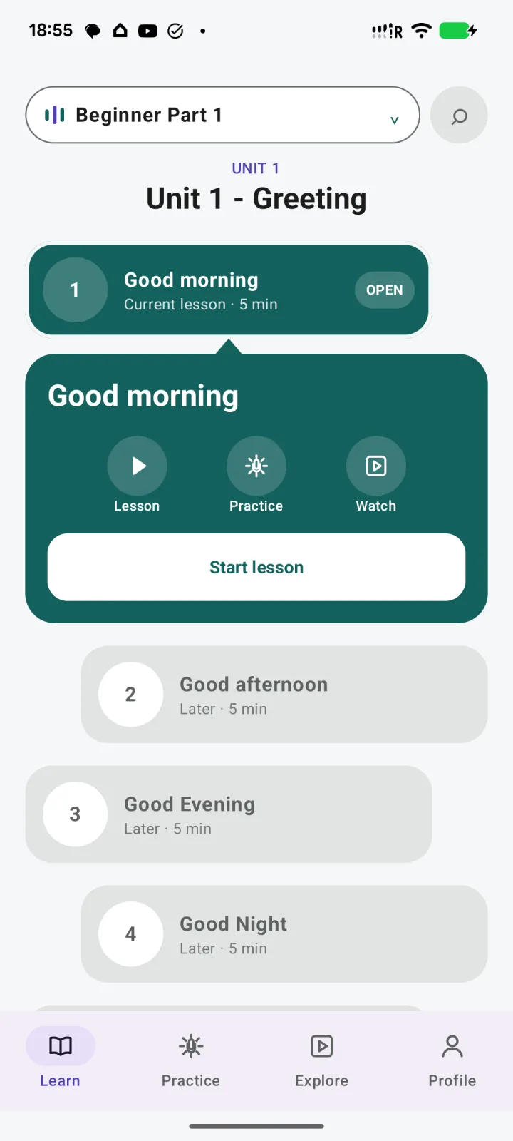 Sọfúnmi lesson path showing short greeting lessons